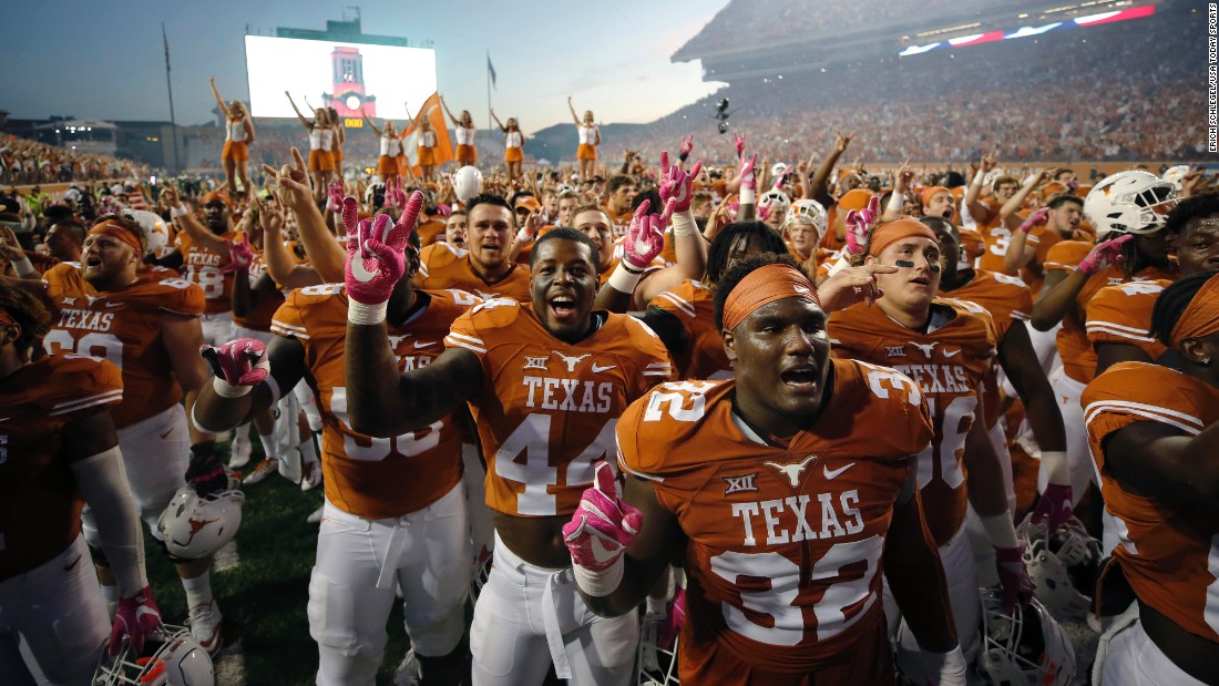 Texas football players celebrate after their 35-34 home win against Baylor on Saturday, October 29. It was Baylor&#39;s first loss of the season.