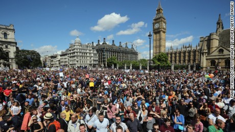 Crowds gather in Parliament Square to protest the result of the UK referendum last summer in London. 