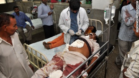 An Indian victim of cross-border shelling is treated in a hospital in Jammu Tuesday.