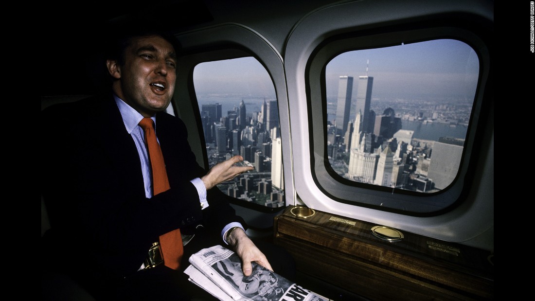 Trump uses his personal helicopter to get around New York in 1987.