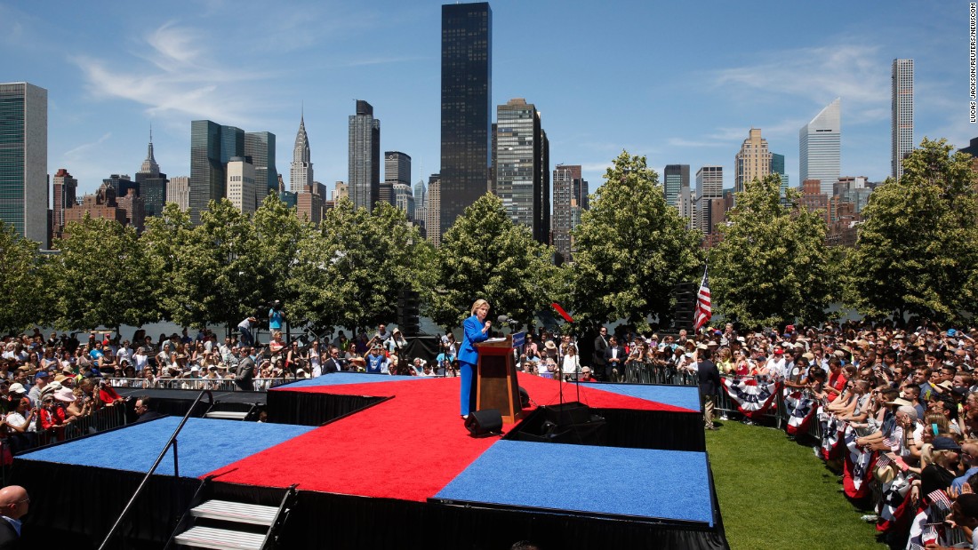 Democratic candidate Hillary Clinton, a former first lady and secretary of state, delivers a speech at a New York City park on June 13, 2015. Clinton used &lt;a href=&quot;http://www.cnn.com/2015/06/13/politics/hillary-clinton-roosevelt-island-rally/&quot; target=&quot;_blank&quot;&gt;the first major rally of her campaign&lt;/a&gt; to make a populist case, declaring that the goal of her presidency would be to tip the nation&#39;s economic scales back toward the middle class&#39; favor.
