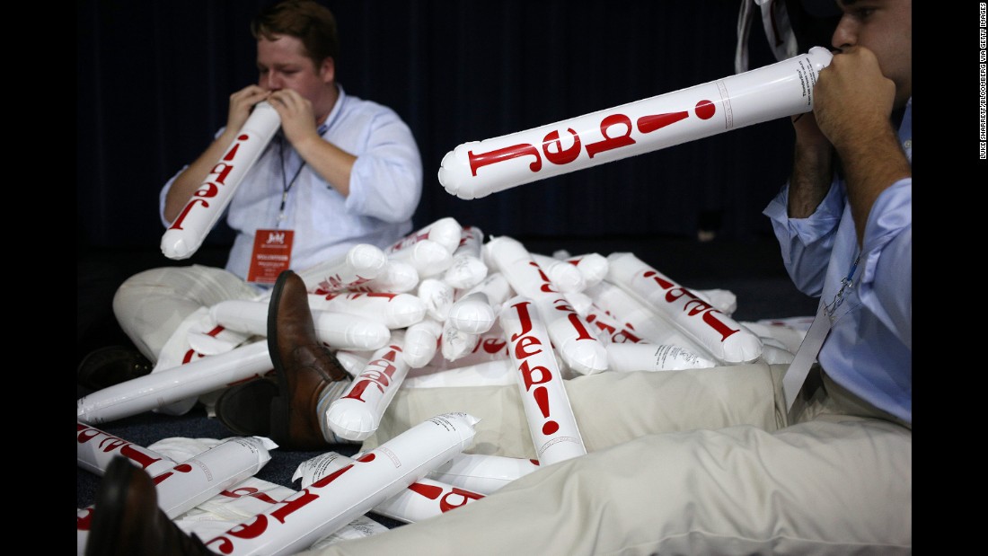 Campaign volunteers with the Jeb Bush campaign inflate thunderstick noisemakers before he &lt;a href=&quot;http://www.cnn.com/2015/06/15/politics/jeb-bush-2016-presidential-announcement/&quot; target=&quot;_blank&quot;&gt;formally announced his candidacy&lt;/a&gt; in Miami on June 15, 2015. Bush, a scion of the most recognizable family in Republican politics, fashioned an image as a sober-minded conservative truth-teller while governor of Florida.