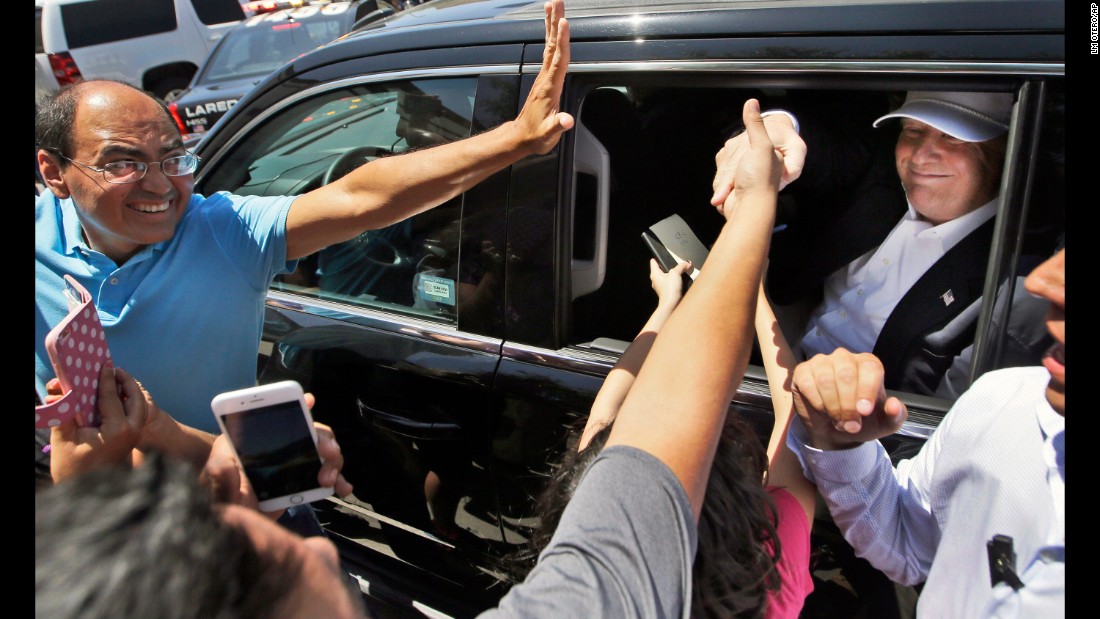 Supporters reach out to Trump as he leaves a stop in Laredo, Texas, on July 23, 2015. During &lt;a href=&quot;http://www.cnn.com/2015/07/23/politics/donald-trump-border-visit-texas/&quot; target=&quot;_blank&quot;&gt;a four-hour visit,&lt;/a&gt; Trump met with local officials and toured the border between the United States and Mexico. His visit was the culmination of more than a month of attention centered on Trump&#39;s branding of undocumented Mexican immigrants as killers and rapists -- remarks that drew condemnation from the Republican establishment but also helped rocket him to the top of the polls.