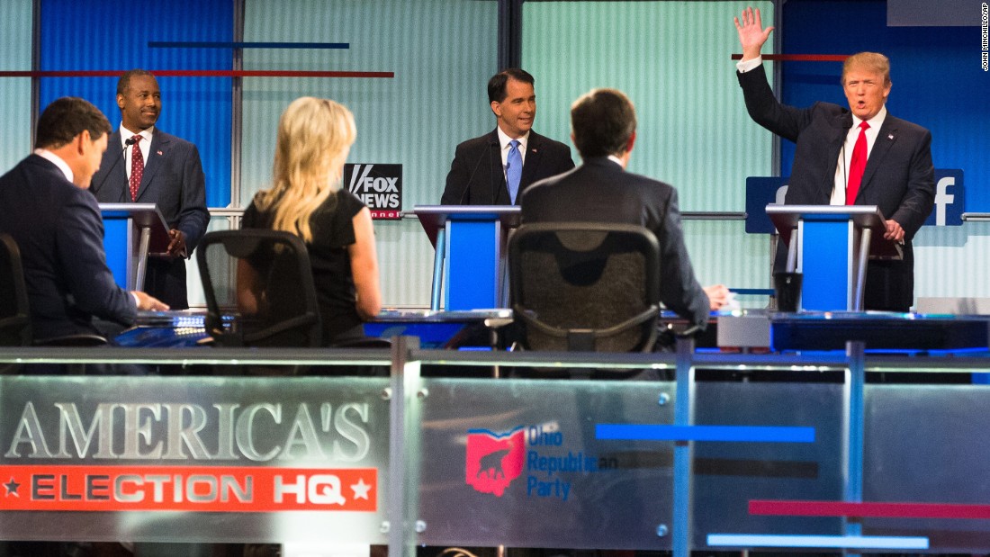 Trump raises his hand during &lt;a href=&quot;http://www.cnn.com/2015/08/07/politics/gallery/republican-debate-2-gop-presidential-2016/index.html&quot; target=&quot;_blank&quot;&gt;the first Republican debates&lt;/a&gt; of the campaign, which took place in Cleveland on August 6, 2015. Trump kicked off the event by refusing to rule out a third-party run and pledge his support to whoever becomes the Republican nominee. He was joined on stage by nine other candidates -- seven of the lower-polling candidates &lt;a href=&quot;http://www.cnn.com/2015/08/06/politics/gallery/republican-debate-1-gop-presidential-2016/index.html&quot; target=&quot;_blank&quot;&gt;had a separate debate&lt;/a&gt; before the main event.