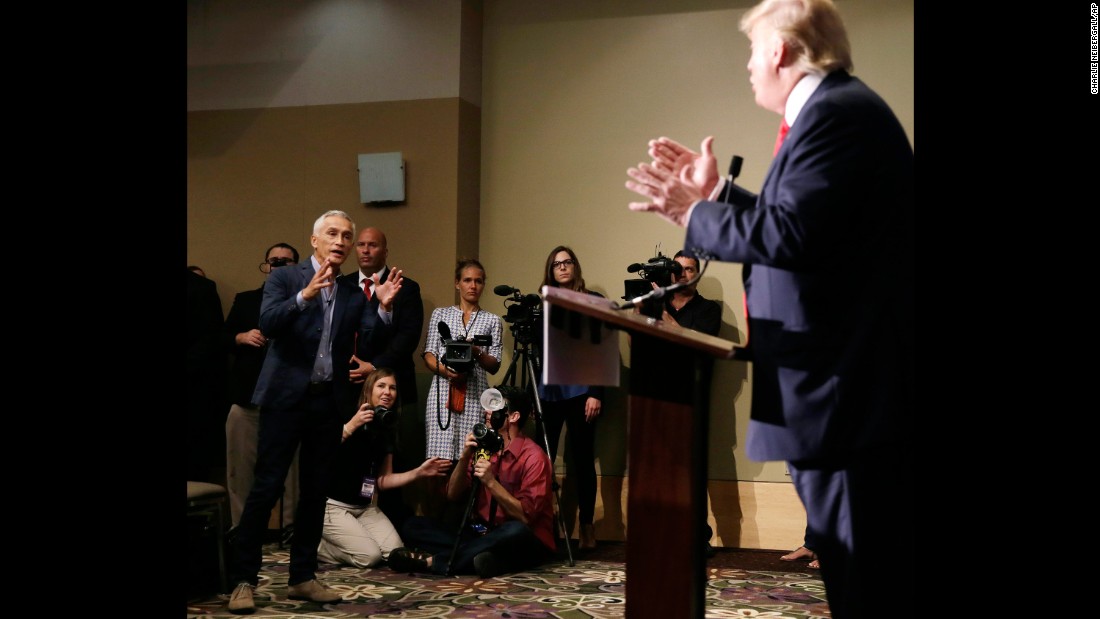 Univision anchor Jorge Ramos, left, asks Trump a question about his immigration plan during a news conference in Dubuque, Iowa, on August 25, 2015. Ramos squabbled with Trump twice during the event, and at one point a security officer &lt;a href=&quot;http://www.cnn.com/2015/08/25/politics/donald-trump-megyn-kelly-iowa-rally/index.html&quot; target=&quot;_blank&quot;&gt;ejected Ramos&lt;/a&gt; before he was allowed back in.