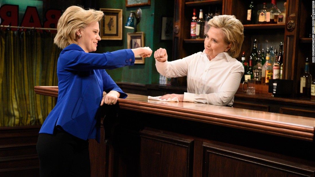 Clinton, right, appears on an episode of &quot;Saturday Night Live&quot; opposite Kate McKinnon, who has been playing Clinton during the campaign, on October 3, 2015.