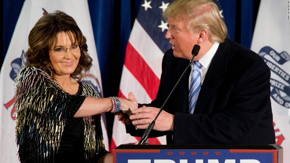 Trump shakes the hand of former Alaska Gov. Sarah Palin after &lt;a href=&quot;http://www.cnn.com/2016/01/19/politics/donald-trump-endorsement-sarah-palin/index.html&quot; target=&quot;_blank&quot;&gt;she endorsed him&lt;/a&gt; in Ames, Iowa, on January 19, 2016. Palin was the GOP&#39;s vice presidential candidate in 2008.