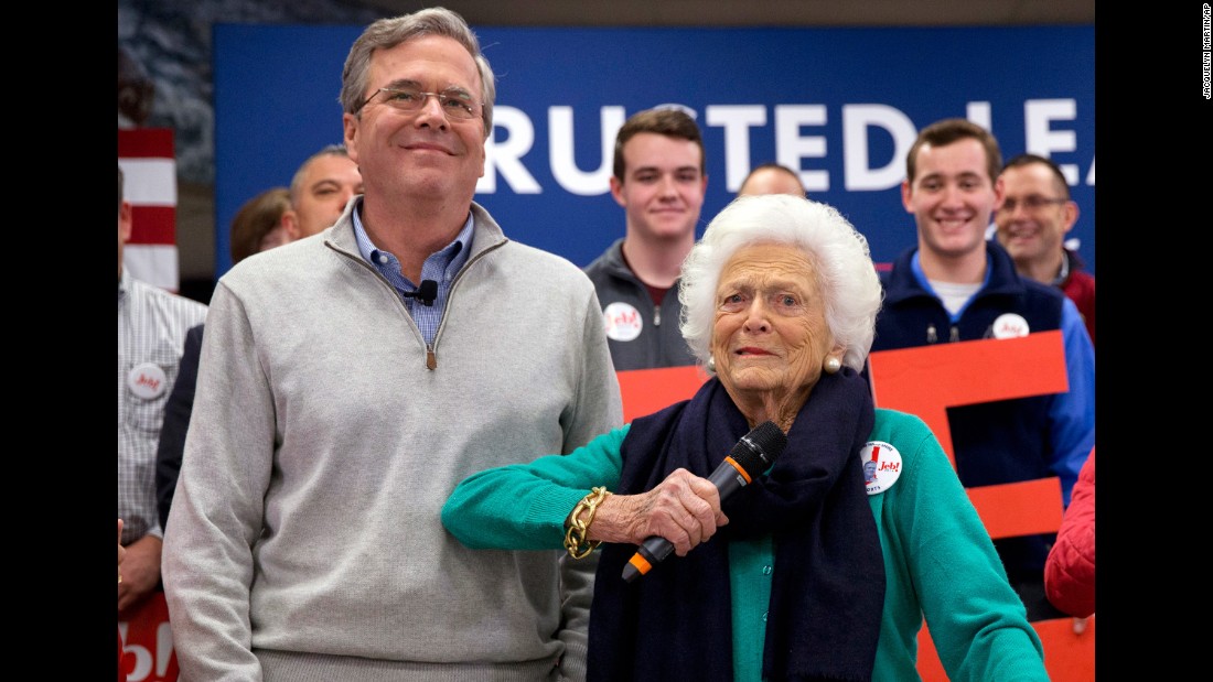 Former first lady Barbara Bush jokes with her son Jeb while &lt;a href=&quot;http://www.cnn.com/2016/02/04/politics/barbara-bush-jeb-2016-election/&quot; target=&quot;_blank&quot;&gt;introducing him at a town-hall meeting&lt;/a&gt; in Derry, New Hampshire, on February 4, 2016.