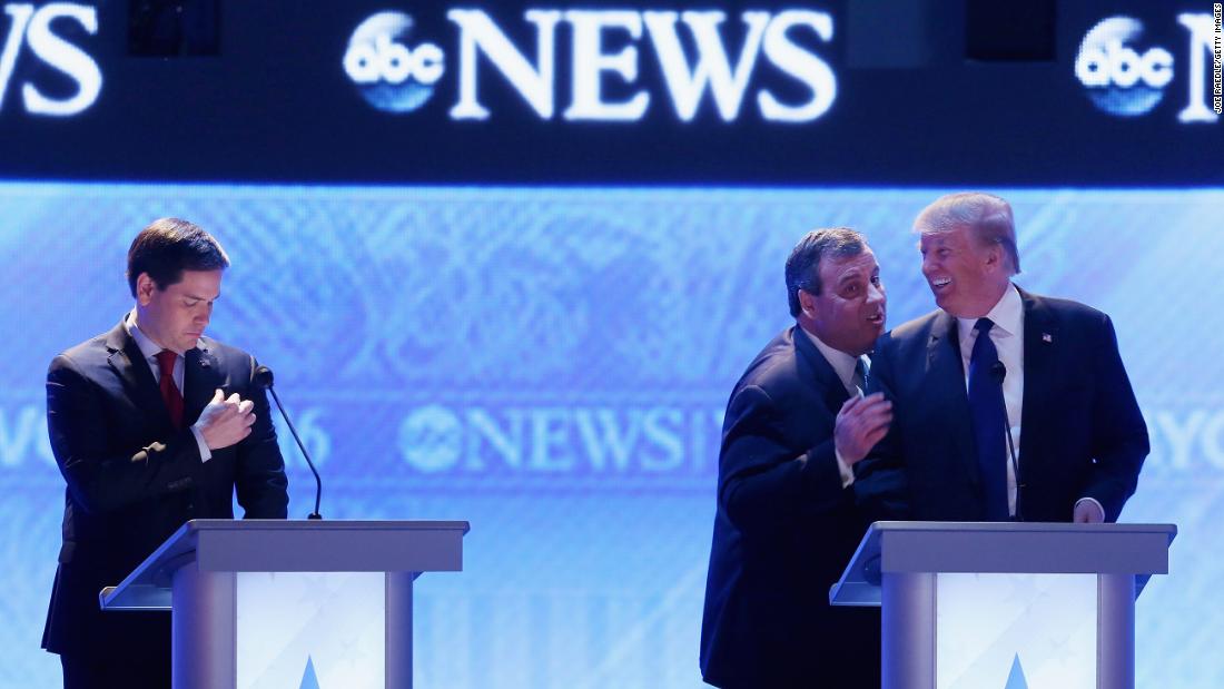 Trump and Christie talk to each other during a commercial break at the Republican debate in Manchester, New Hampshire, on February 6, 2016. At left is U.S. Sen. Marco Rubio. Trump &lt;a href=&quot;http://www.cnn.com/2016/02/09/politics/new-hampshire-primary-highlights/&quot; target=&quot;_blank&quot;&gt;won the New Hampshire primary&lt;/a&gt; on February 9 -- his first victory on the way to the nomination.