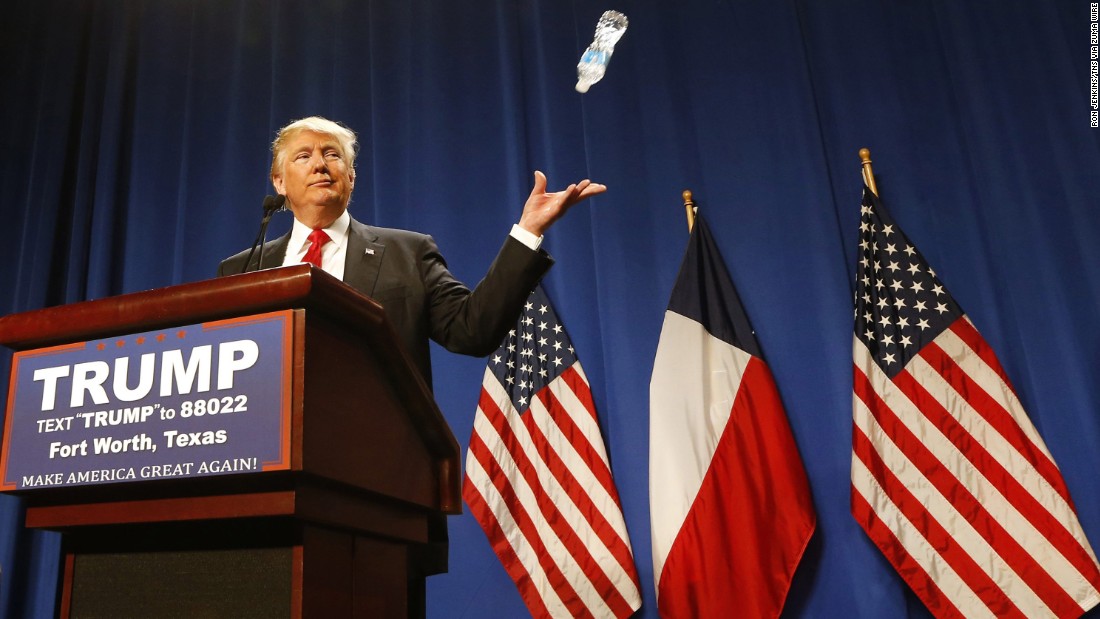 Trump tosses a water bottle while speaking to supporters in Fort Worth, Texas, on February 26, 2016. &lt;a href=&quot;http://www.cnn.com/videos/politics/2016/02/26/donald-trump-marco-rubio-water-state-of-the-union.cnn&quot; target=&quot;_blank&quot;&gt;He was mocking Rubio&#39;s 2013 State of the Union response,&lt;/a&gt; where Rubio took a sip of water mid-speech.