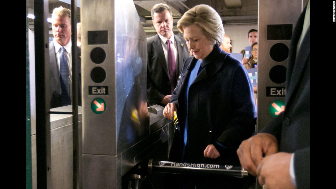 Clinton swipes a MetroCard to ride the subway in New York on April 7, 2016. The sight of her riding the rails &lt;a href=&quot;http://www.cnn.com/2016/04/07/politics/hillary-clinton-subway/&quot; target=&quot;_blank&quot;&gt;looked out of place&lt;/a&gt; for a candidate more used to riding in a Secret Service-protected van and private plane.