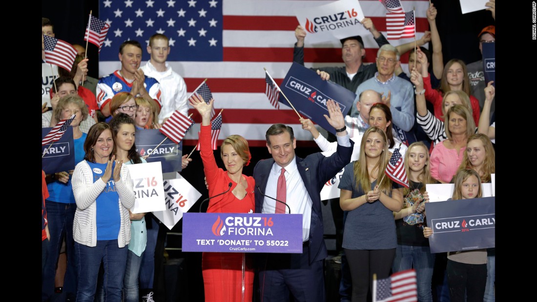 Cruz waves with Fiorina after &lt;a href=&quot;http://www.cnn.com/2016/04/27/politics/ted-cruz-carly-fiorina-vice-president/&quot; target=&quot;_blank&quot;&gt;naming her as his running mate&lt;/a&gt; on April 27, 2016. Cruz was trying to regain momentum after it became mathematically impossible for him to win the nomination outright. Fiorina had ended her own presidential run in February.