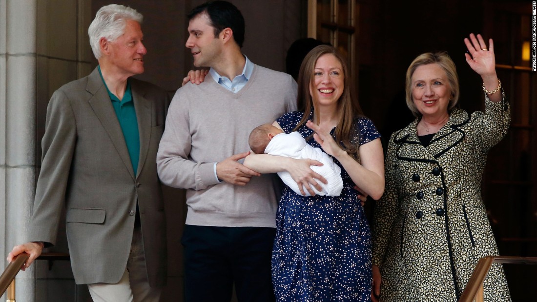 Chelsea Clinton holds her newborn son, Aidan Clinton Mezvinsky, as she leaves a New York hospital with her husband, Marc, and her parents on June 20, 2016. It&#39;s the &lt;a href=&quot;http://www.cnn.com/2016/06/18/politics/chelsea-clinton-son-aidan-clinton-mezvinsky/&quot; target=&quot;_blank&quot;&gt;second grandchild&lt;/a&gt; for Bill and Hillary Clinton.