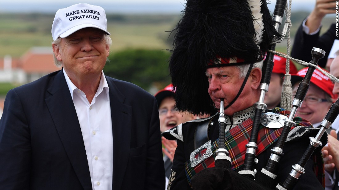 A man plays the bagpipes next to Trump after the candidate arrived at his Turnberry golf resort in Scotland on June 24, 2016. Trump &lt;a href=&quot;http://www.cnn.com/2016/05/26/politics/donald-trump-has-delegates-to-clinch-gop-nomination/&quot; target=&quot;_blank&quot;&gt;became the GOP&#39;s presumptive nominee&lt;/a&gt; in May.