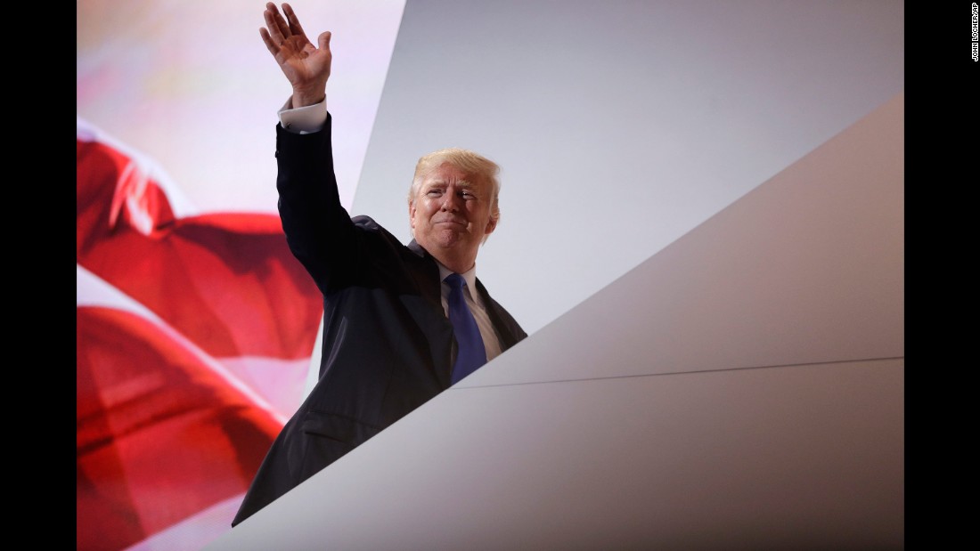 Trump waves as he leaves the stage during &lt;a href=&quot;http://www.cnn.com/2016/07/18/politics/gallery/gop-convention/index.html&quot; target=&quot;_blank&quot;&gt;the Republican National Convention&lt;/a&gt; on July 18, 2016.