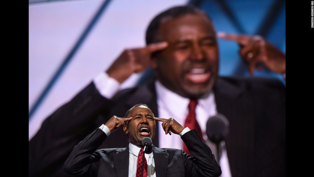 Carson speaks on the second day of the Republican National Convention. The former presidential candidate said Trump skeptics who would vote for Clinton are &quot;not using their God-given brain to think about what they&#39;re saying. ... She&#39;ll be appointing people who will have an effect on us for generations. And America may never recover.&quot;