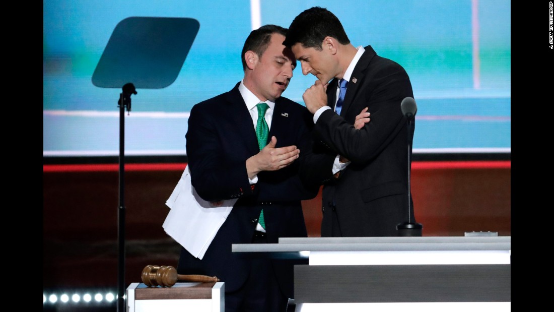 House Speaker Paul Ryan, right, talks with Reince Priebus, the chairman of the Republican National Committee, as Priebus &lt;a href=&quot;http://www.cnn.com/2016/07/19/politics/alaska-delegates-donald-trump/index.html&quot; target=&quot;_blank&quot;&gt;explains Alaska&#39;s votes&lt;/a&gt; on the second day of the Republican National Convention. Trump shared Alaska&#39;s delegates after the state&#39;s caucuses on March 1, but a little-known rule allowed him to receive all of them at the convention.