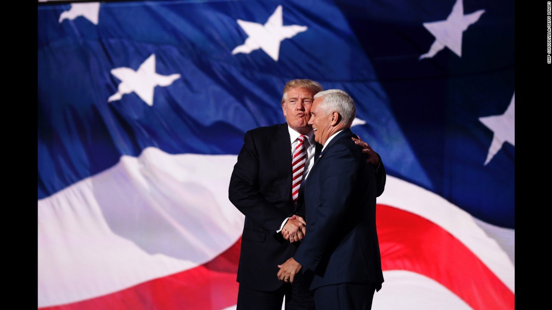 Trump &lt;a href=&quot;http://www.cnn.com/2016/07/21/politics/donald-trump-mike-pence-air-kiss/index.html&quot; target=&quot;_blank&quot;&gt;gives an &quot;air kiss&quot;&lt;/a&gt; to his running mate, Indiana Gov. Mike Pence, after Pence&#39;s speech at the convention on July 20, 2016.