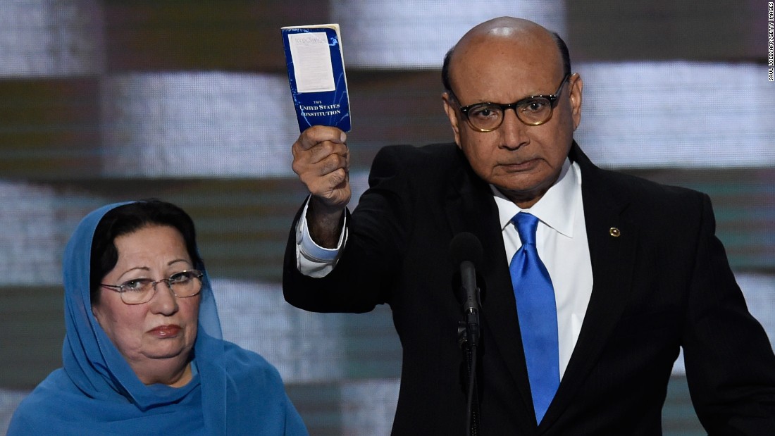 Khizr Khan&lt;a href=&quot;http://www.cnn.com/2016/07/29/politics/muslims-moment-khan/index.html&quot; target=&quot;_blank&quot;&gt; holds his personal copy of the U.S. Constitution&lt;/a&gt; as he speaks at the Democratic National Convention on July 28, 2016. Khan&#39;s son, U.S. Army Capt. Humayun Khan, was killed in 2004 while serving in Afghanistan. &quot;If it was up to Donald Trump,&quot; Khan said, &quot;(my son) never would have been in America. ... Donald Trump, you are asking Americans to trust you with our future. Let me ask you: Have you even read the U.S. Constitution? I will gladly lend you my copy.&quot;