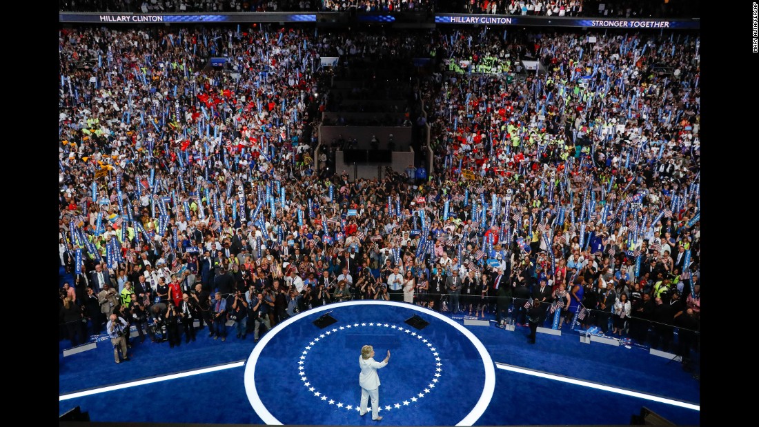 Clinton waves after&lt;a href=&quot;http://www.cnn.com/2016/07/28/politics/hillary-clinton-dem-convention-speech/&quot; target=&quot;_blank&quot;&gt; her speech&lt;/a&gt; on the final day of the Democratic National Convention. She officially became the first woman to lead the ticket of a major political party. &quot;When there are no ceilings,&quot; she said, &quot;the sky&#39;s the limit.&quot;