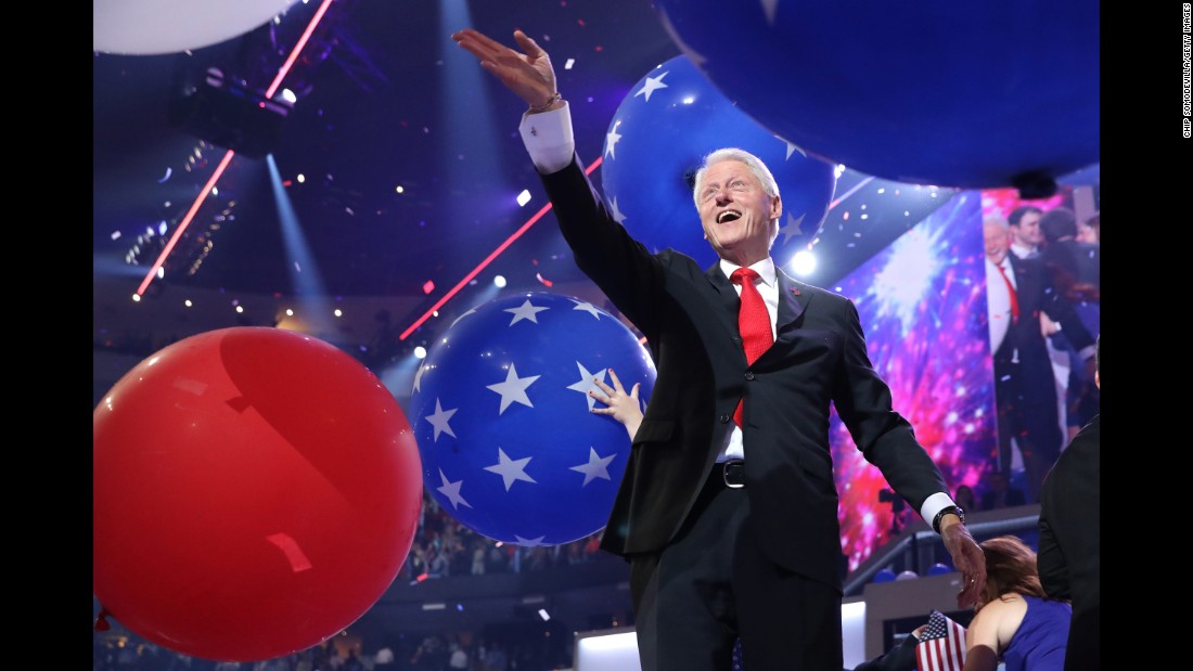 Former President Bill Clinton acknowledges the crowd after his wife&#39;s speech at the convention.