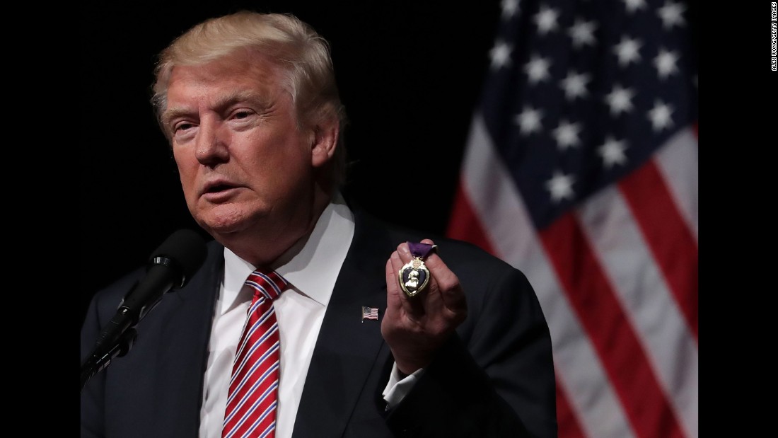 Trump holds a Purple Heart medal &lt;a href=&quot;http://www.cnn.com/2016/08/02/politics/donald-trump-purple-heart/index.html&quot; target=&quot;_blank&quot;&gt;that a veteran gave to him&lt;/a&gt; during a campaign event in Ashburn, Virginia, on August 2, 2016.