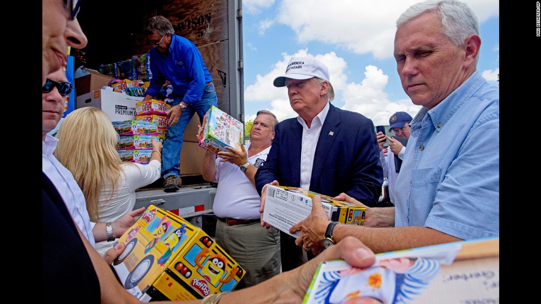 Trump and Pence help unload supplies for flood victims during a visit to Gonzales, Louisiana, on August 19, 2016. The two were in the state following &lt;a href=&quot;http://www.cnn.com/2016/08/21/politics/louisiana-governor-donald-trump-visit-helpful/index.html&quot; target=&quot;_blank&quot;&gt;massive flooding&lt;/a&gt; in and around Baton Rouge.