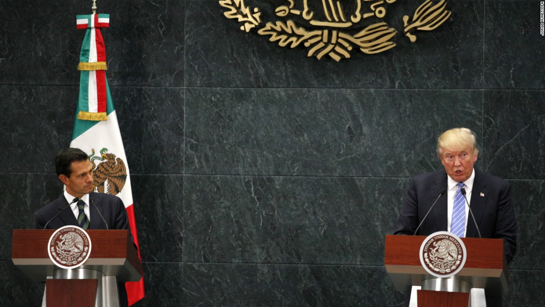 Trump and Mexican President Enrique Peña Nieto, left, attend a news conference in Mexico City on August 31, 2016. They discussed the wall that Trump vowed to build on the U.S.-Mexico border, but Trump said they didn&#39;t talk about his demand that Mexico pay for it -- &lt;a href=&quot;http://www.cnn.com/2016/08/30/politics/donald-trump-enrique-pea-nieto-mexico/index.html&quot; target=&quot;_blank&quot;&gt;an assertion the Mexican President later disputed.&lt;/a&gt;