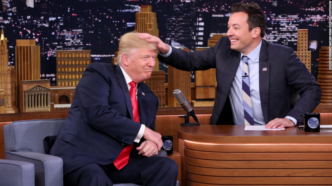 Talk-show host Jimmy Fallon &lt;a href=&quot;http://www.cnn.com/2016/09/15/politics/donald-trump-jimmy-fallon-tonight-show/&quot; target=&quot;_blank&quot;&gt;musses Trump&#39;s hair&lt;/a&gt; during an episode of &quot;The Tonight Show&quot; in New York on September 15, 2016.