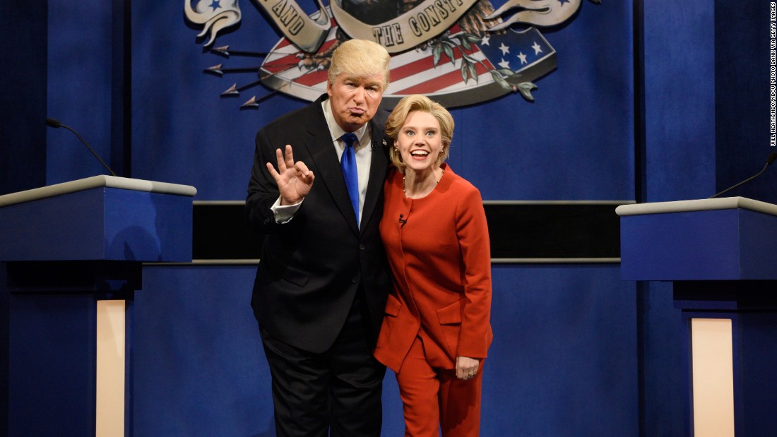 Alec Baldwin plays Trump and Kate McKinnon plays Clinton in a &quot;Saturday Night Live&quot; skit on October 1, 2016.