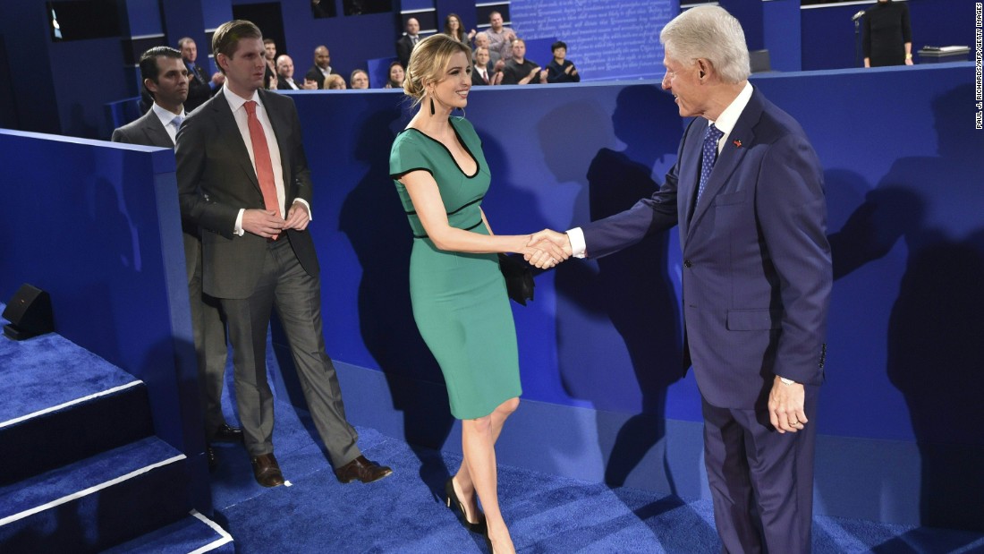 Bill Clinton shakes hands with Ivanka Trump before the second presidential debate.