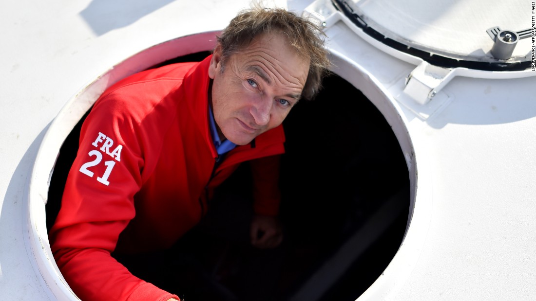 French skipper Bertrand de Broc on board his Imoca class monohull MACSF ahead of his fourth attempt at the Vendee Globe race. He was ninth in 2013 -- his only finish.