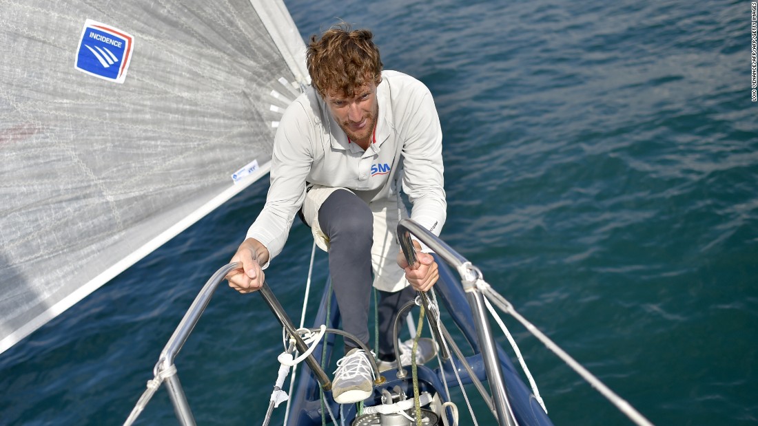 Paul Meilhat, another first-timer, checks the rig of his yacht SMA ahead of the race. Last year the French sailor suffered a fractured pelvis and rib during a solo event.