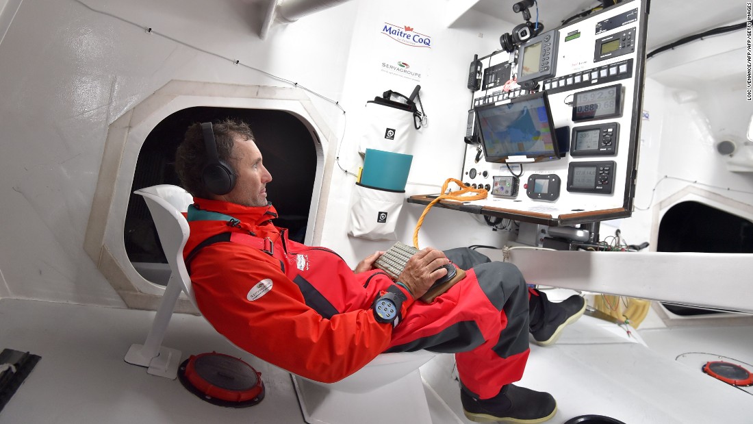 Frenchman Jeremie Beyou at the nerve center of  his Maitre Coq monohull off Lorient, western France. He has failed to finish the last two Vendee Globes.