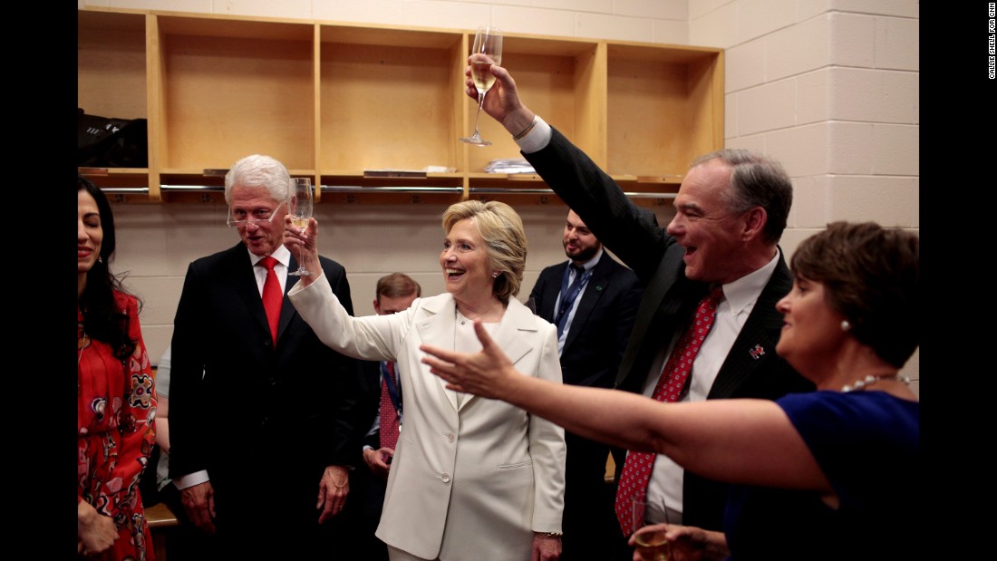 The Clintons &lt;a href=&quot;http://www.cnn.com/2016/07/29/politics/cnnphotos-behind-the-scenes-hillary-clinton-dnc/index.html&quot; target=&quot;_blank&quot;&gt;celebrate backstage&lt;/a&gt; with U.S. Sen. Tim Kaine and Kaine&#39;s wife, Anne Holton. Kaine is Hillary Clinton&#39;s running mate. During the convention, photographer Callie Shell was &lt;a href=&quot;http://www.cnn.com/2016/07/29/politics/cnnphotos-behind-the-scenes-hillary-clinton-dnc/&quot; target=&quot;_blank&quot;&gt;behind the scenes with Clinton&lt;/a&gt; on assignment for CNN.