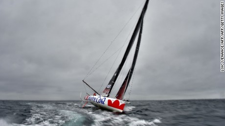 French skipper Jeremie Beyou tests his yacht Maitre Coq off Lorient, western France.