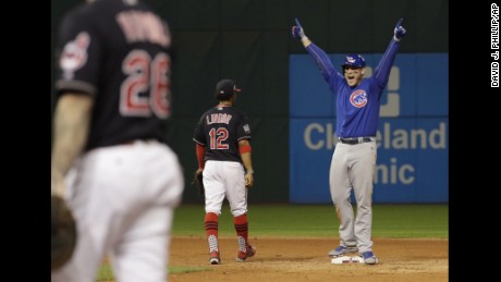 Chicago Cubs&#39; Anthony Rizzo reacts after teammate Kris Bryant scored on Rizzo&#39;s hit during the fifth inning of Game 7 of the Major League Baseball World Series against the Cleveland Indians Wednesday, Nov. 2, 2016, in Cleveland. (AP Photo/David J. Phillip)
