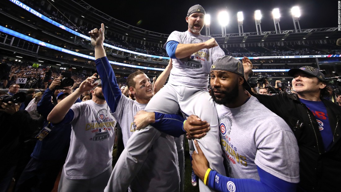 Chicago Cubs Kris Bryant celebrates with Anthony Rizzo (44) after the final  out over the Cleveland Indians during the tenth inning of World Series game  7 at Progressive Field in Cleveland, Ohio