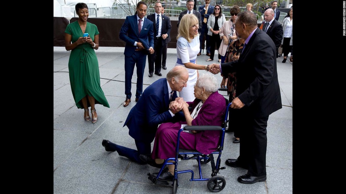 Biden &lt;a href=&quot;https://www.instagram.com/p/BKwLJycDmd2/?hl=en&quot; target=&quot;_blank&quot;&gt;greets Ruth Bonner,&lt;/a&gt; a 99-year-old daughter of a young slave who escaped to freedom, as he and his wife attend the September 2016 opening of the Smithsonian National Museum of African American History and Culture.