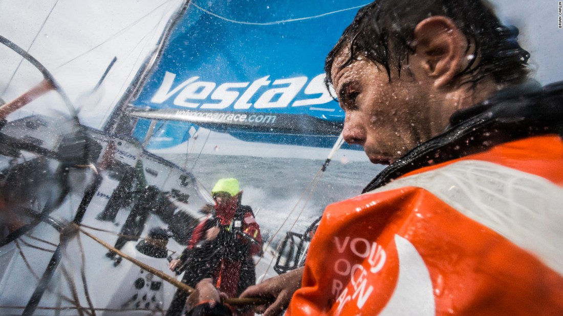 A sailor on board Vestas Wind is shot by Brian Carlin in France&#39;s Bay of Biscay during leg one of the Volvo Ocean Race.