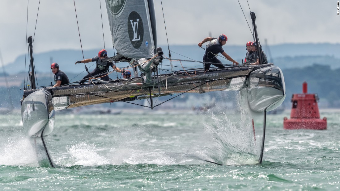 A foiling AC catamaran looks set for take-off during the LVAVWS Portsmouth event, with Sam Kurtul catching the moment head on.