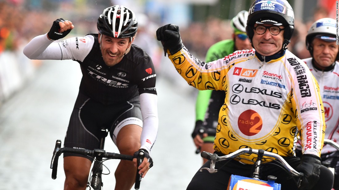 Huybrechts helped Olympic and world champion cyclist Fabian Cancellara to victory in a Derny Criterium race in Antwerp in 2014.