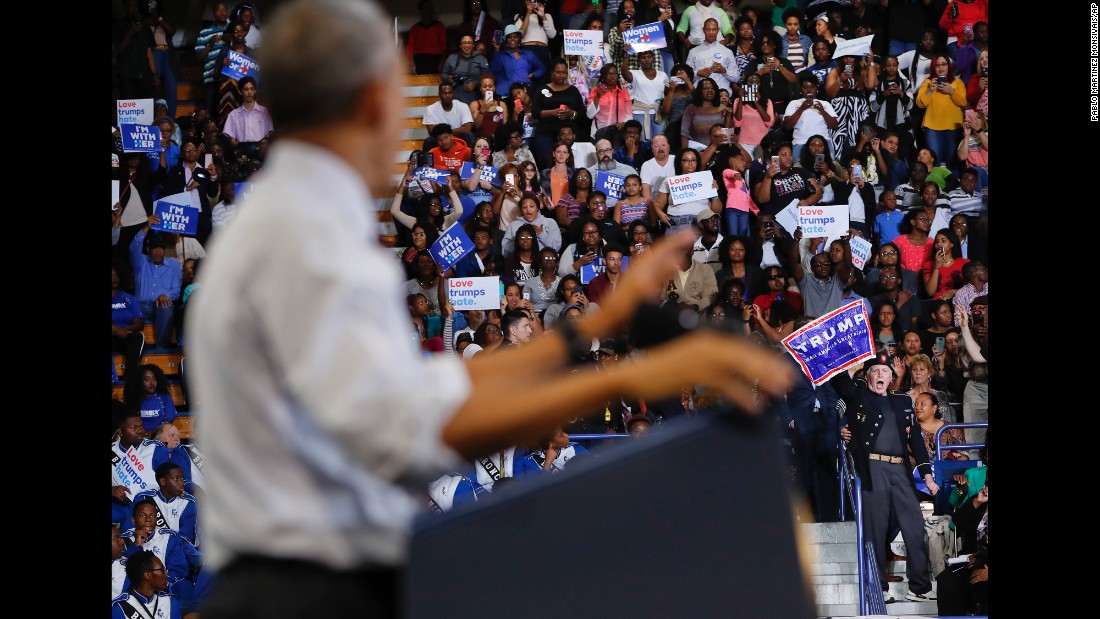 A Trump supporter &lt;a href=&quot;http://www.cnn.com/2016/11/04/politics/obama-north-carolina-donald-trump-protester/&quot; target=&quot;_blank&quot;&gt;interrupts President Obama&#39;s speech&lt;/a&gt; during a Clinton campaign rally in Fayetteville, North Carolina, on November 4, 2016. Obama rebuked the crowd for shouting down the protester, saying &quot;we live in a country that respects free speech.&quot; He added that the man looked like he possibly served in military and that &quot;we ought to respect that.&quot; The episode lasted for more than a minute before the Trump supporter was escorted from the venue.