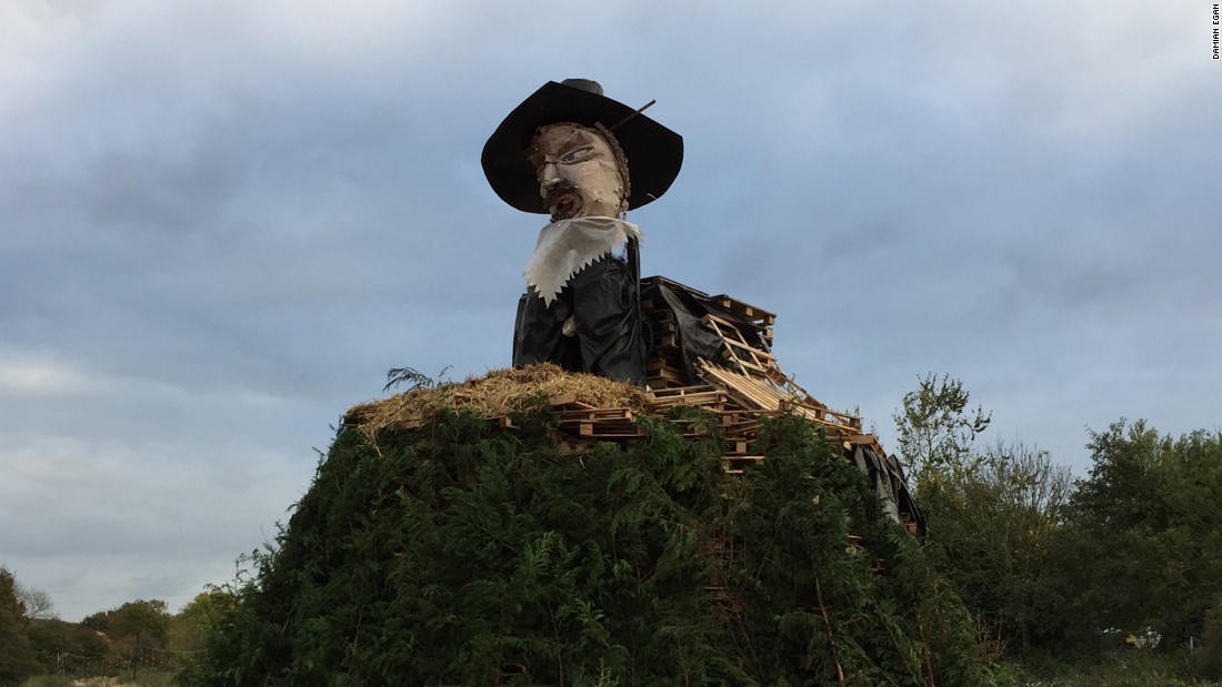 The town of Lewes in southern England is one of many to hold a Guy Fawkes or Bonfire Night celebration on November 5, but is particularly known for making elaborate effigies that are paraded in front of big crowds. Here, an effigy of Fawkes sits atop a bonfire that will be lit later that night.