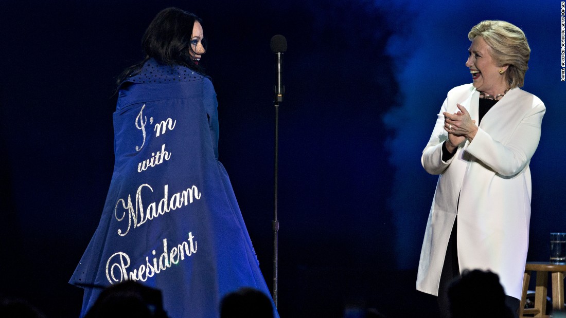 Singer Katy Perry shows off a coat reading &quot;I&#39;m With Madam President&quot; during a Clinton event in Philadelphia on November 5.