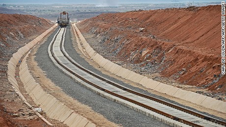 Picture taken on May 5, 2015, shows work in progress on the new railway tracks linking Djibouti with Addis Ababa. 