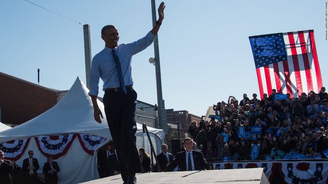 President Obama arrives to speak at a Clinton rally in Ann Arbor, Michigan, on November 7.