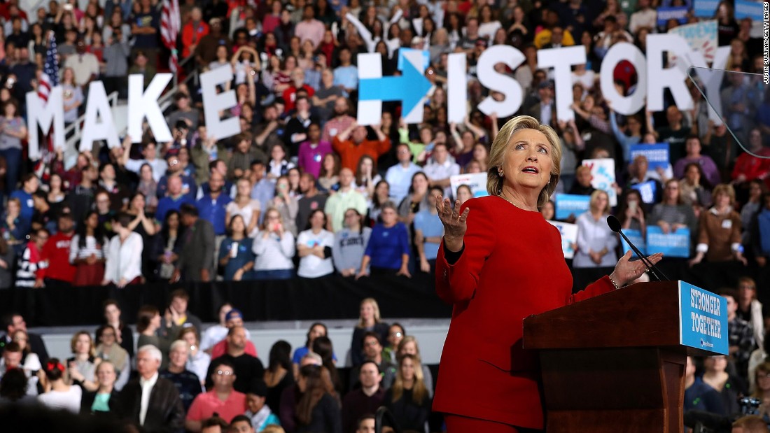 Clinton addresses a midnight rally at North Carolina State University in Raleigh early on November 8. Both Clinton and Trump barnstormed across battleground states in a frenetic, last-minute push for votes.