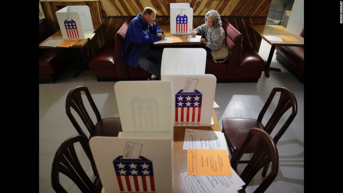 John and Colleen Kramer vote at the Caplinger Mills Trading Post in Caplinger Mills, Missouri. 