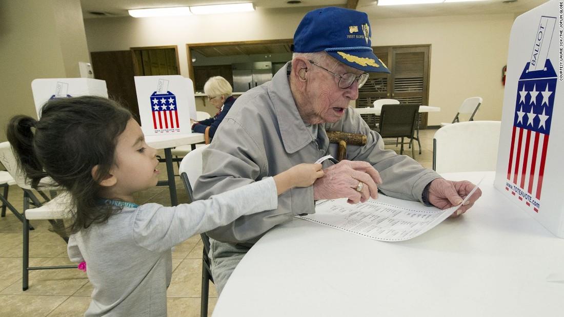 Harvey Erwin, a 94-year-old World War II veteran, votes with his 3-year old great-granddaughter in Joplin, Missouri. Fellow voters &lt;a href=&quot;http://www.cnn.com/2016/11/08/politics/wwii-vet-cheered-at-polls-trnd/index.html&quot; target=&quot;_blank&quot;&gt;applauded Erwin&lt;/a&gt; as he walked to the front of the voting line. &quot;People turned and started clapping all the way to the front of line and saying &#39;Thank you for your service,&#39; &quot; his daughter, Janine Erwin Johnson, told CNN. &quot;It made tears stream down my face because of the recognition to my sweet dad.&quot;